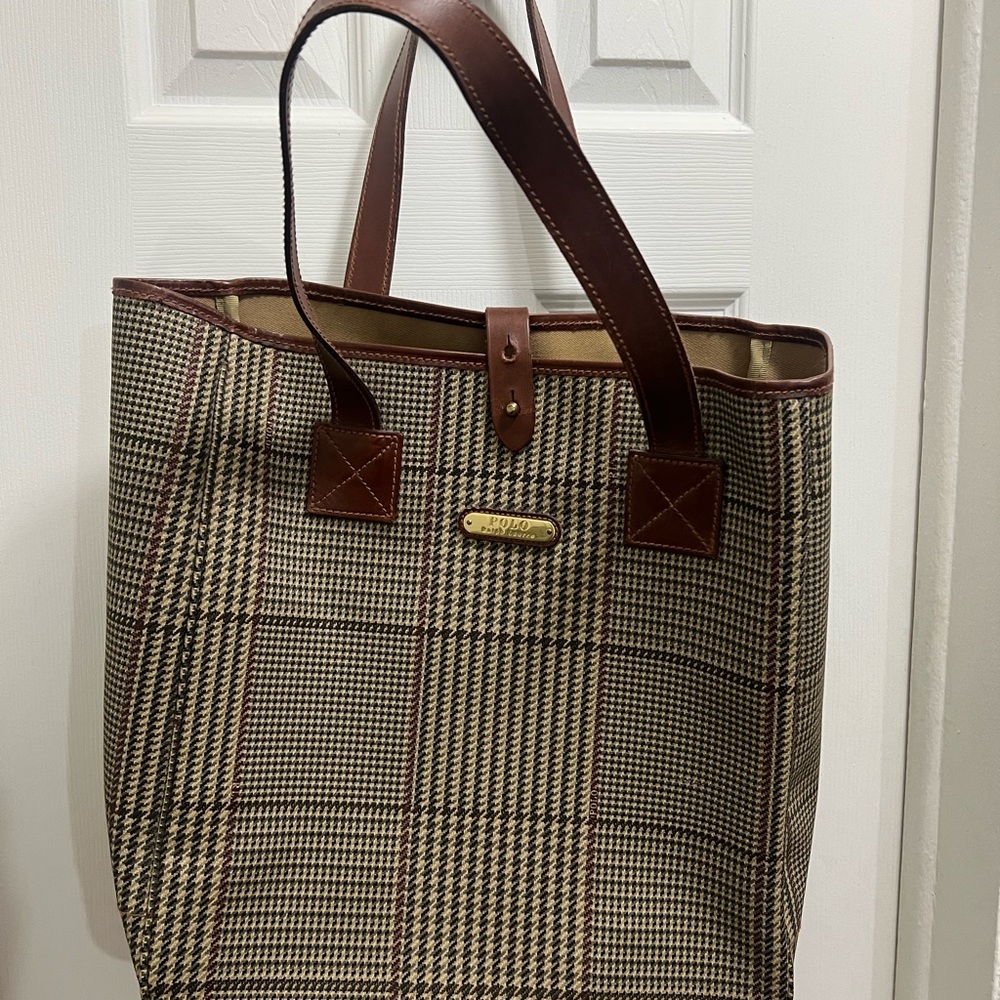 Vintage Polo Ralph Lauren Houndstooth Coated Canvas Leather Tote Bag Purse